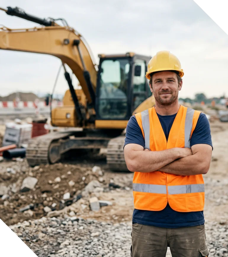 Worker beside earthmoving equipment